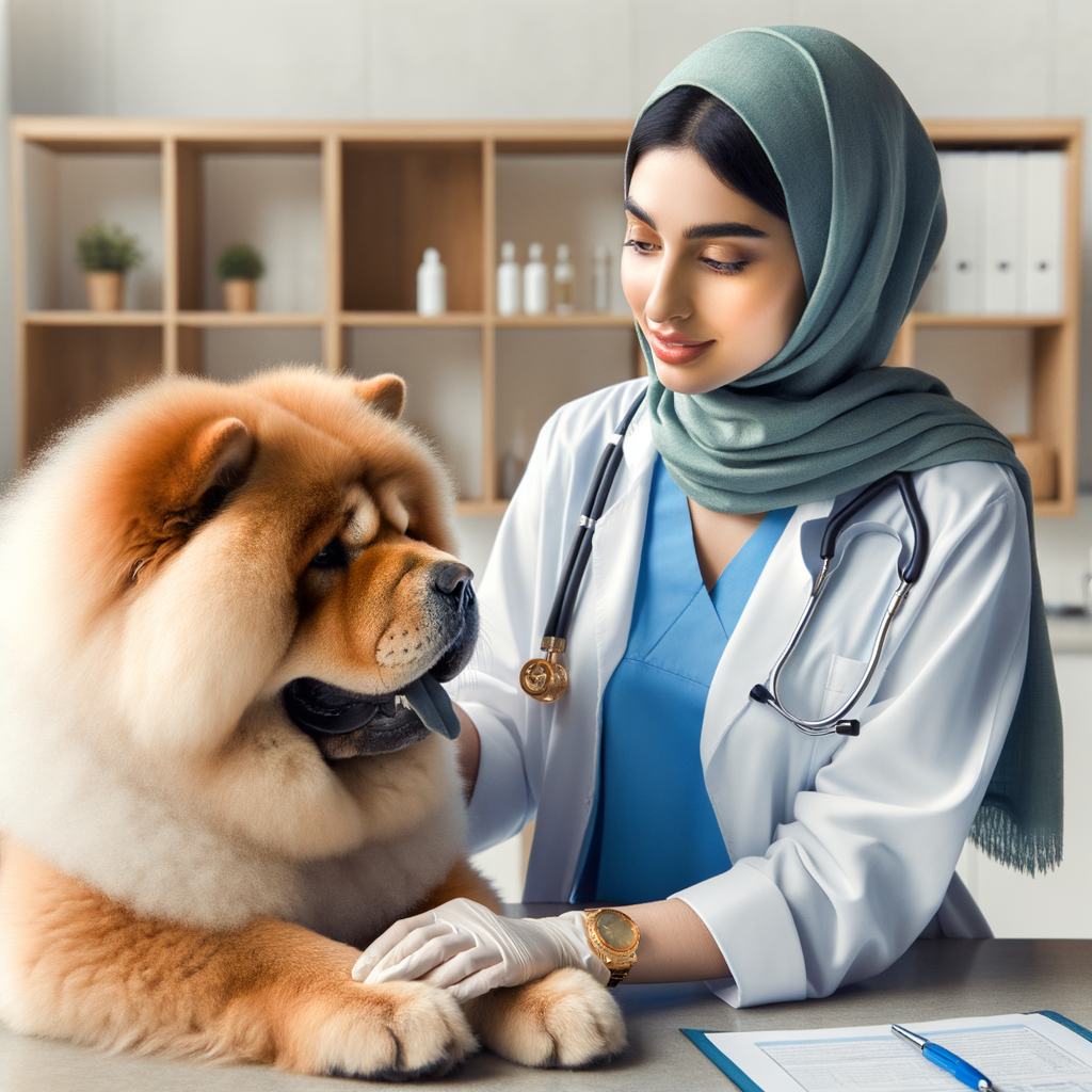Veterinarian performing a Chow Chow health check during a regular vet visit, highlighting the importance of regular health check-ups for Chow Chows for optimal health maintenance and care.